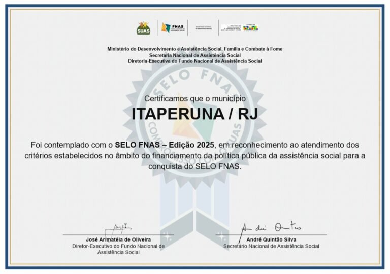Itaperuna recebe Selo FNAS e se destaca na gestão da assistência social